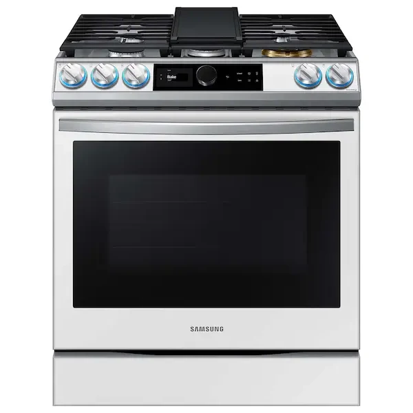 Samsung Smart Slide-in Gas Range with Smart Dial, Air Fry & Wi-Fi in White Glass